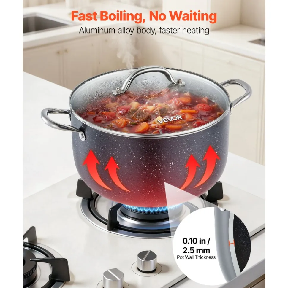 VEVOR Aluminum Stock Pot, 12-Quart Nonstick Ceramic Coated Pot with Glass Lid, PFOA-Free, PFAS-Free, Compatible with Gas Stoves, Induction Cooktops, Electric Stoves, for Soups, Stews, and Pasta