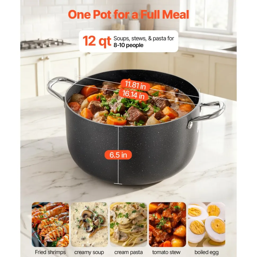 VEVOR Aluminum Stock Pot, 12-Quart Nonstick Ceramic Coated Pot with Glass Lid, PFOA-Free, PFAS-Free, Compatible with Gas Stoves, Induction Cooktops, Electric Stoves, for Soups, Stews, and Pasta