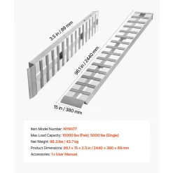 VEVOR Aluminum Trailer Ramps, 2PCS 96 x 15 in, Heavy-Duty Truck Ramp Set, 10000LBS Combined Capacity ATV Loading Ramps for Pickup Trucks, Motorcycles, Lawn Mowers, Cars, Farm Tractors, Carts