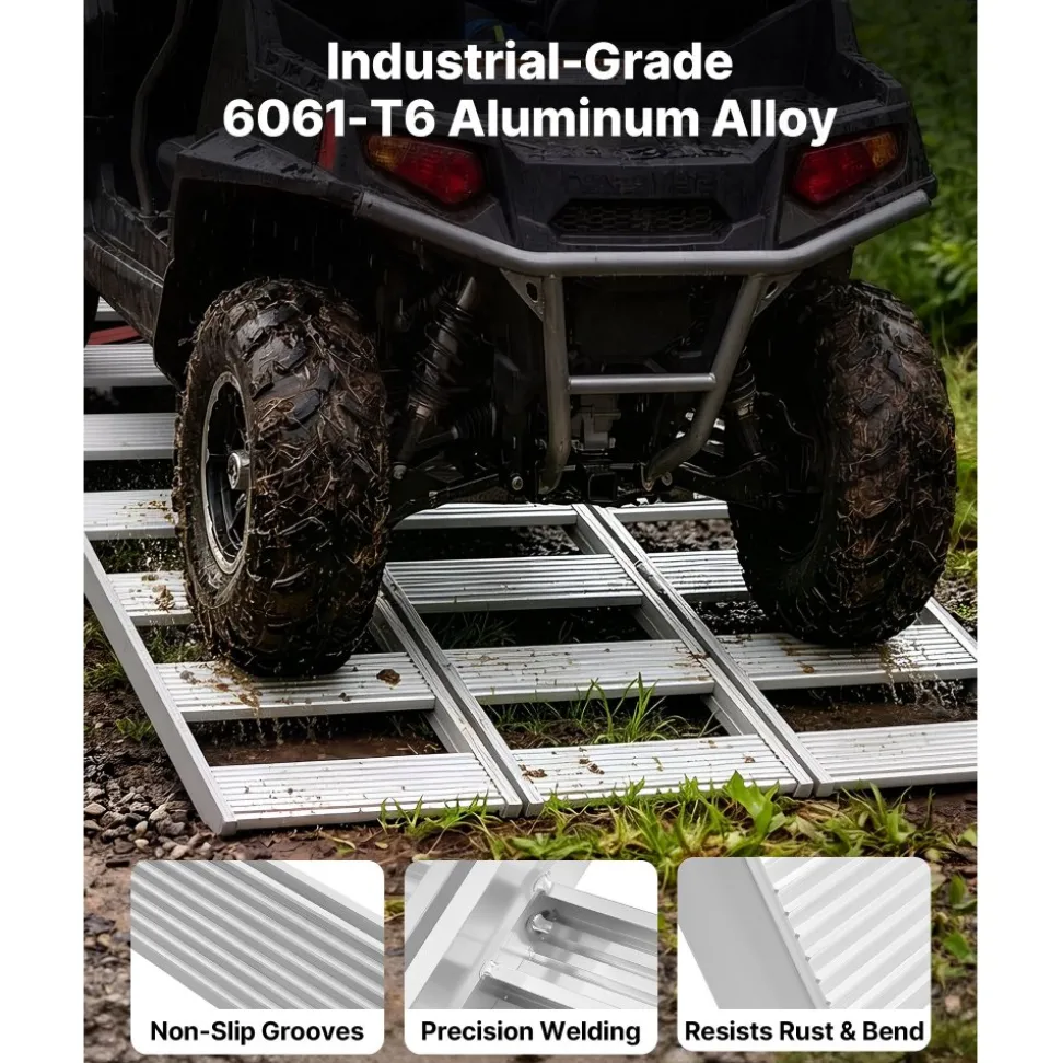 VEVOR Aluminum Trailer Ramps, 76 x 50 in Tri-Folding Truck Ramps with Straps & Non-Slip Rubber Fingers, 1500LBS Capacity ATV Loading Ramps for Pickup Trucks, Motorcycles, Lawn Mowers, Tractors, Carts