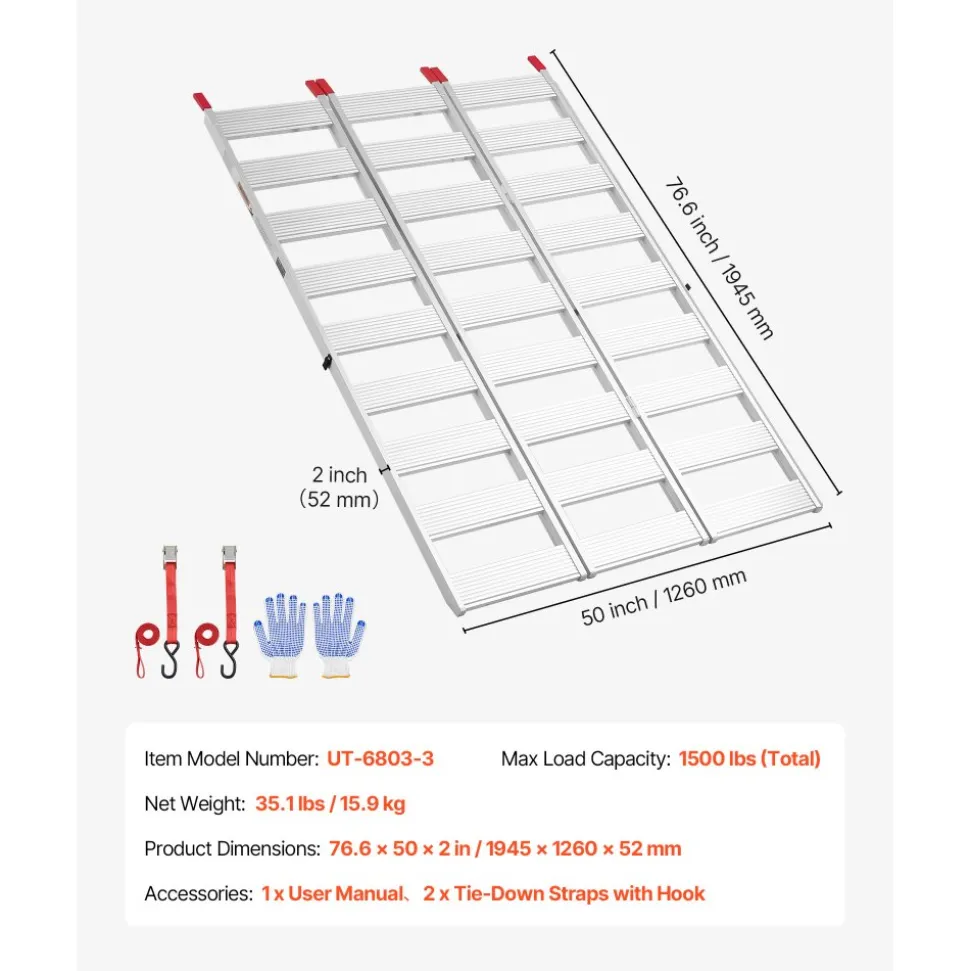 VEVOR Aluminum Trailer Ramps, 76 x 50 in Tri-Folding Truck Ramps with Straps & Non-Slip Rubber Fingers, 1500LBS Capacity ATV Loading Ramps for Pickup Trucks, Motorcycles, Lawn Mowers, Tractors, Carts