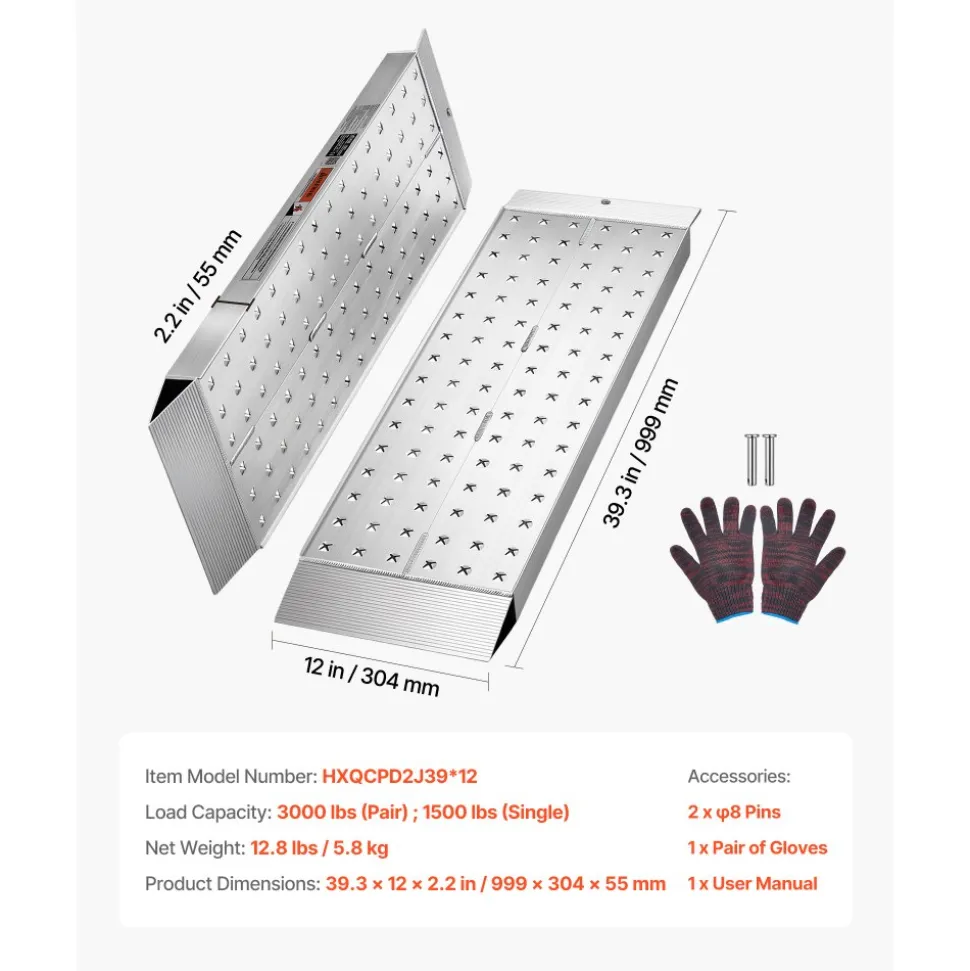 VEVOR Aluminum Trailer Ramps, 2PCS 39 x 12 in, Heavy-Duty ATV Ramp Set with Anti-Slip Plates, 3000LBS Combined Capacity Loading Ramps for Motorcycles, Lawn Mowers, Farm Tractors, Carts