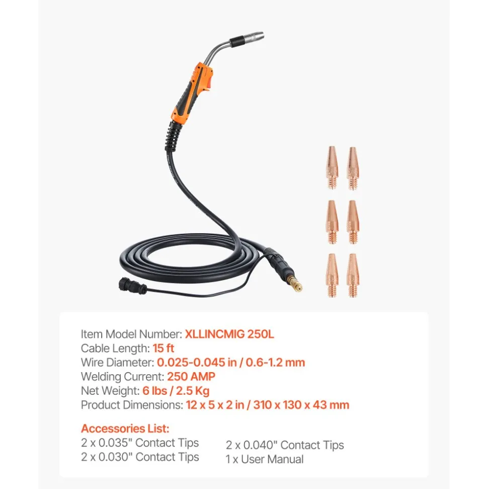 VEVOR 250A MIG Welding Gun with 15FT Cable, Replacement for Lincoln Magnum Pro 250L - with 7PCS Mig Welding Contact Tips