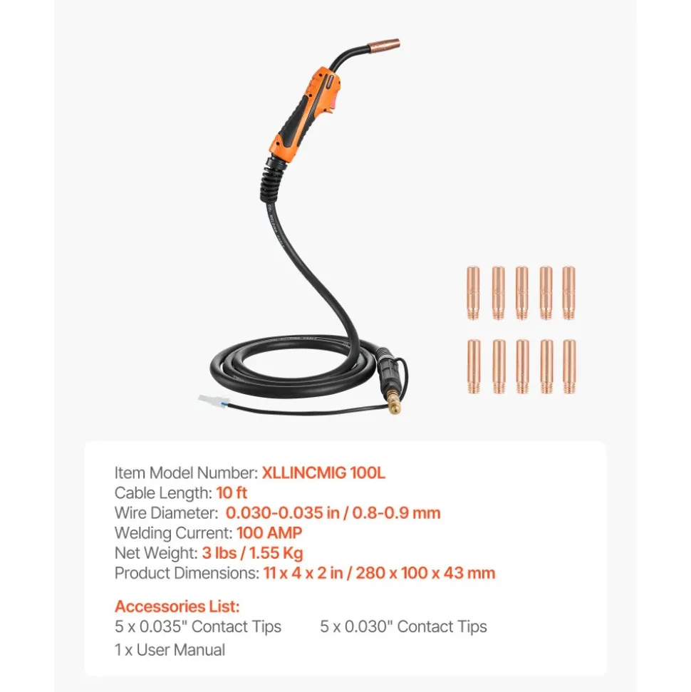 VEVOR 100A MIG Welding Gun with 10FT Cable, Replacement for Lincoln Magnum 100L (K530-5) - with 11PCS Mig Welding Contact Tips