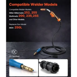 VEVOR 250A MIG Welding Gun with 15FT Cable, Replacement for Miller MDX-250 - with 11PCS Mig Welding Contact Tips