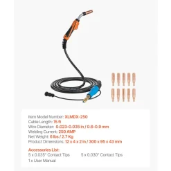 VEVOR 250A MIG Welding Gun with 15FT Cable, Replacement for Miller MDX-250 - with 11PCS Mig Welding Contact Tips