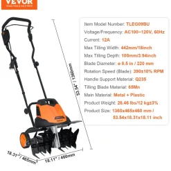 VEVOR 12 Amp Electric Tiller, 18" Tilling Width 3.94" Tilling Depth Corded Electric Tiller/Cultivator, Steel Mn Tines, Rototiller for Garden Lawn Soil Digging