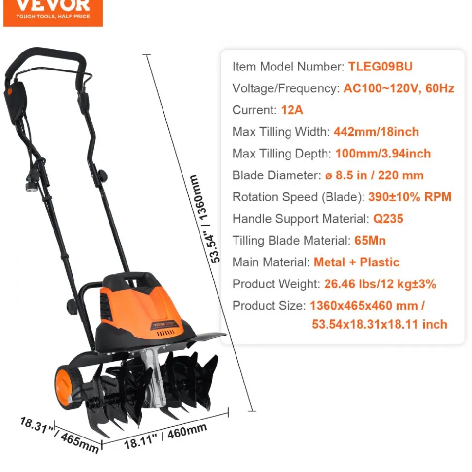 VEVOR 12 Amp Electric Tiller, 18" Tilling Width 3.94" Tilling Depth Corded Electric Tiller/Cultivator, Steel Mn Tines, Rototiller for Garden Lawn Soil Digging