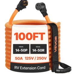 VEVOR 50 Amp 100 Feet RV Extension Cord, 125V/250V, Heavy Duty 6/3 + 8/1 Gauge STW RV Power Cord, NEMA 14-50P to NEMA 14-50R, with Power Indicator, Cord Organizer, 15A Adapter, for Camper Trailer