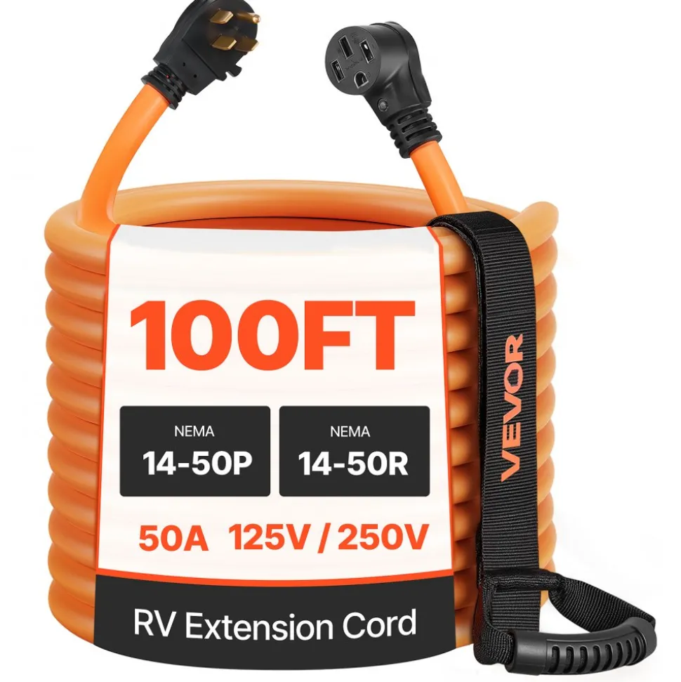 VEVOR 50 Amp 100 Feet RV Extension Cord, 125V/250V, Heavy Duty 6/3 + 8/1 Gauge STW RV Power Cord, NEMA 14-50P to NEMA 14-50R, with Power Indicator, Cord Organizer, 15A Adapter, for Camper Trailer