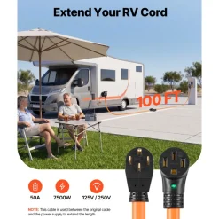 VEVOR 50 Amp 100 Feet RV Extension Cord, 125V/250V, Heavy Duty 6/3 + 8/1 Gauge STW RV Power Cord, NEMA 14-50P to NEMA 14-50R, with Power Indicator, Cord Organizer, 15A Adapter, for Camper Trailer