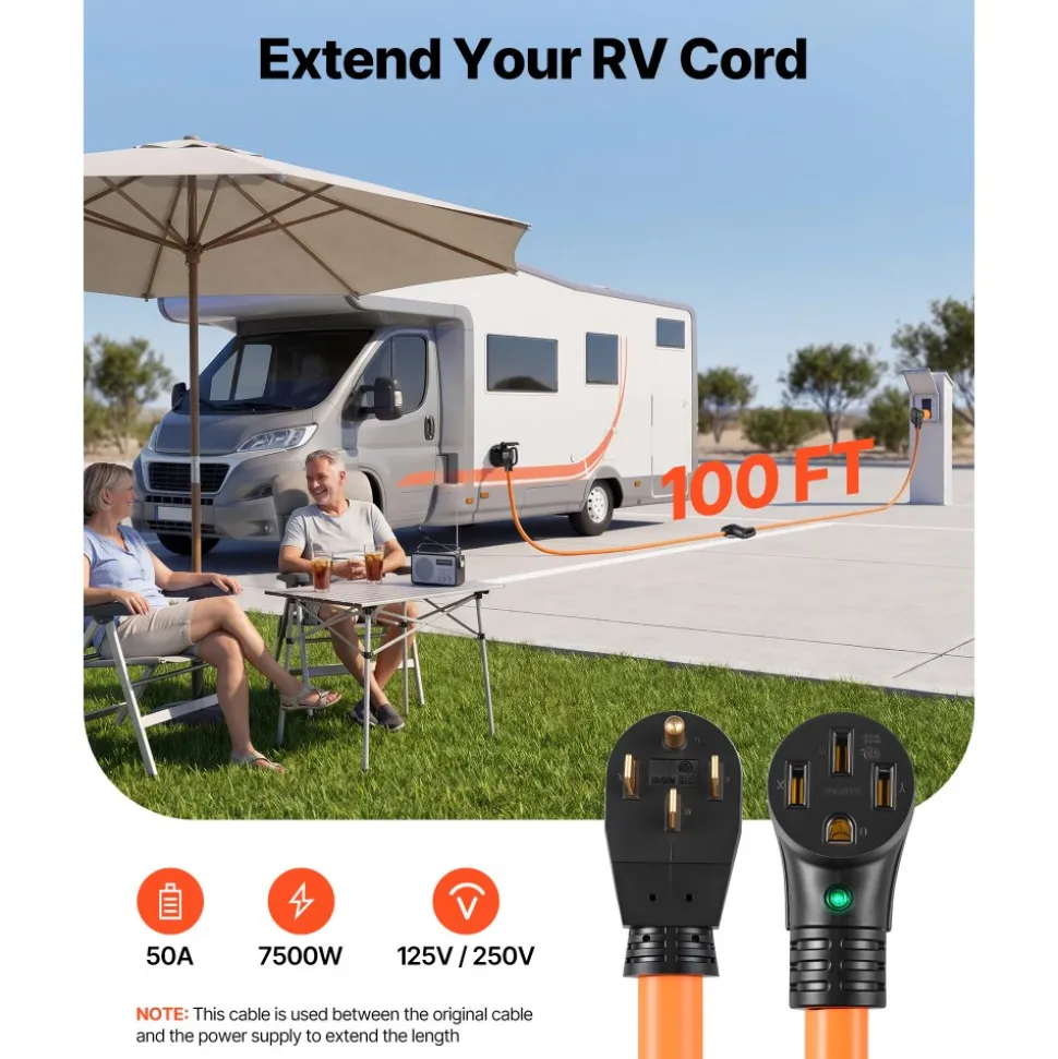 VEVOR 50 Amp 100 Feet RV Extension Cord, 125V/250V, Heavy Duty 6/3 + 8/1 Gauge STW RV Power Cord, NEMA 14-50P to NEMA 14-50R, with Power Indicator, Cord Organizer, 15A Adapter, for Camper Trailer