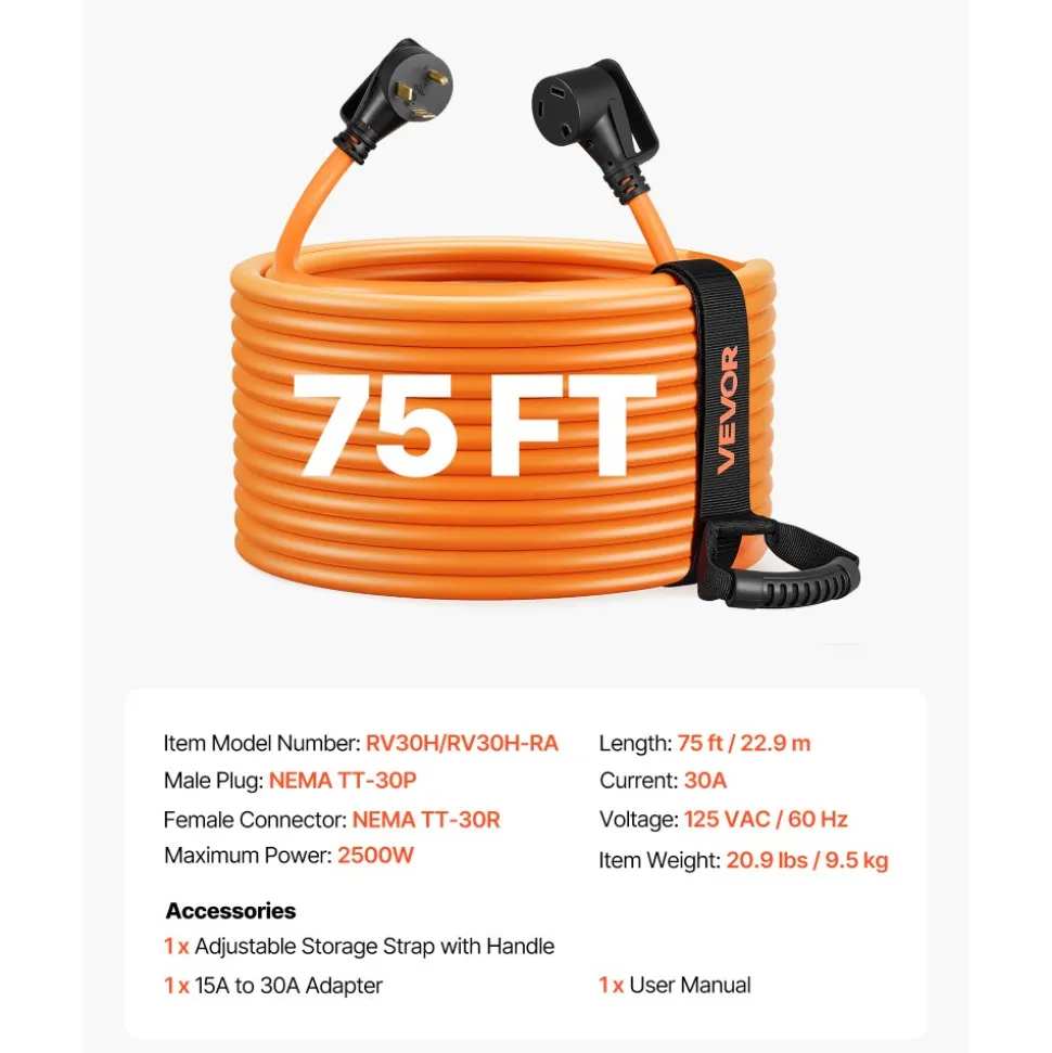 VEVOR 30 Amp 75 Feet RV Extension Cord, 125V 2500W, Heavy Duty 10/3 Gauge STW RV Power Cord, NEMA TT-30P to NEMA TT-30R, with Power Indicator, Cord Organizer, 15A Adapter, for Camper Travel Trailer