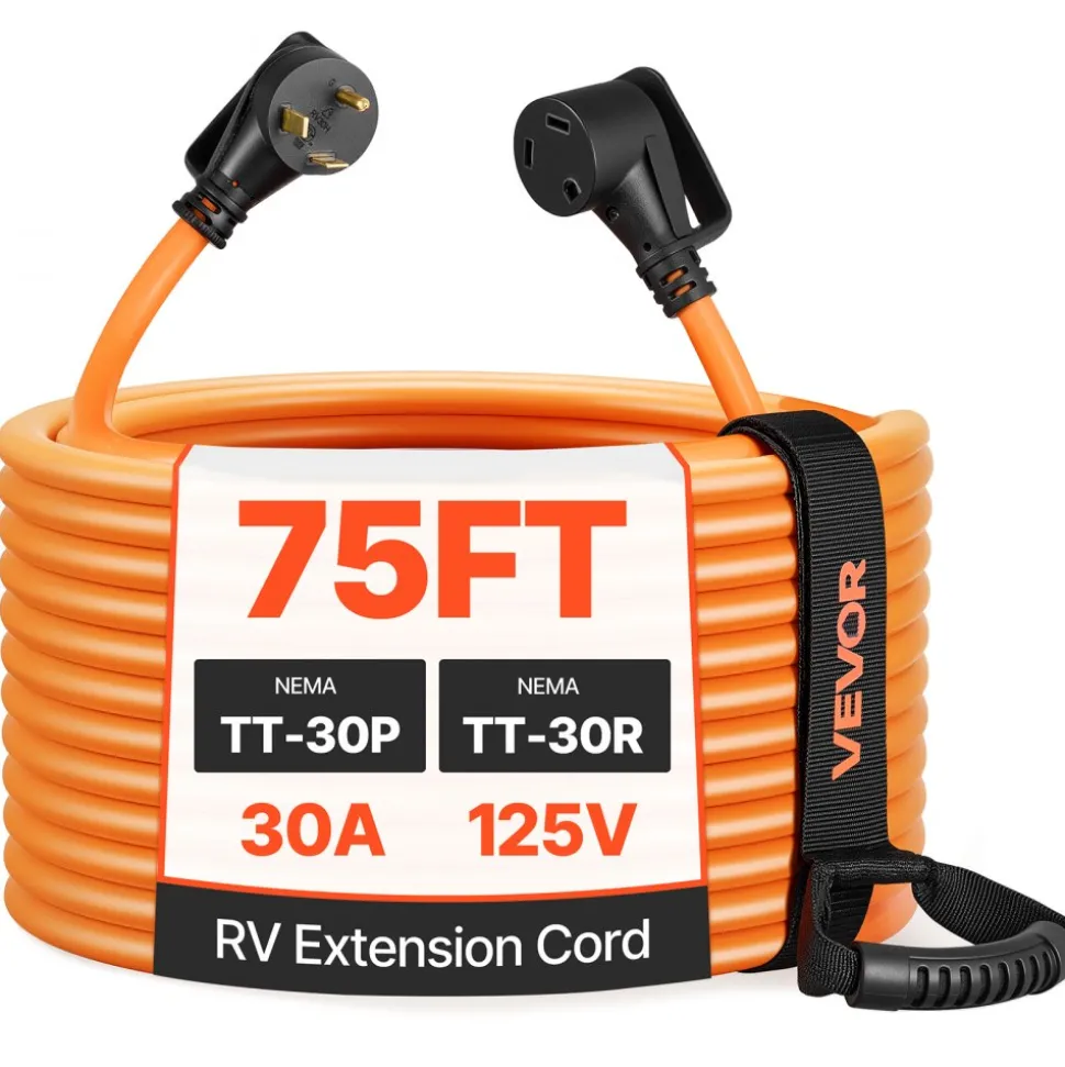 VEVOR 30 Amp 75 Feet RV Extension Cord, 125V 2500W, Heavy Duty 10/3 Gauge STW RV Power Cord, NEMA TT-30P to NEMA TT-30R, with Power Indicator, Cord Organizer, 15A Adapter, for Camper Travel Trailer