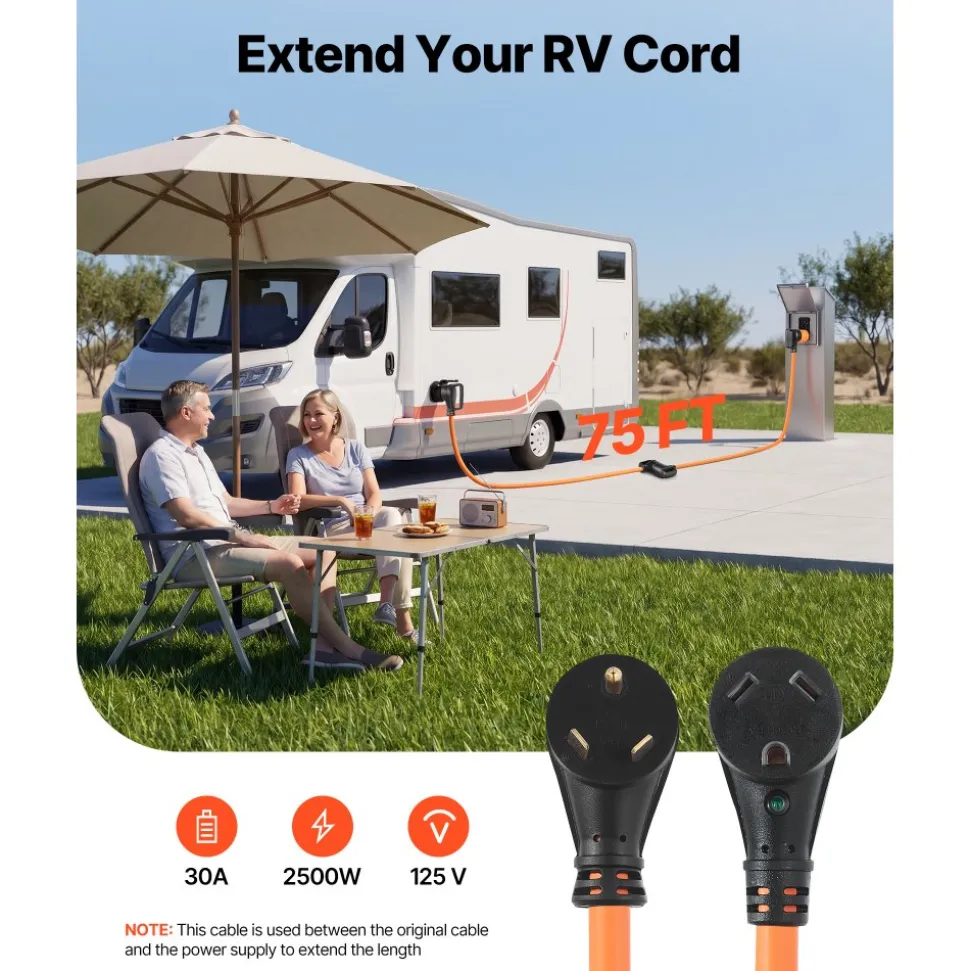 VEVOR 30 Amp 75 Feet RV Extension Cord, 125V 2500W, Heavy Duty 10/3 Gauge STW RV Power Cord, NEMA TT-30P to NEMA TT-30R, with Power Indicator, Cord Organizer, 15A Adapter, for Camper Travel Trailer