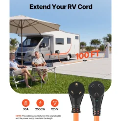 VEVOR 30 Amp 100 Feet RV Extension Cord, 125V 2500W, Heavy Duty 10/3 Gauge STW RV Power Cord, NEMA TT-30P to NEMA TT-30R, with Power Indicator, Cord Organizer, 15A Adapter, for Camper Travel Trailer