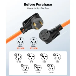 VEVOR 30 Amp 100 Feet RV Extension Cord, 125V 2500W, Heavy Duty 10/3 Gauge STW RV Power Cord, NEMA TT-30P to NEMA TT-30R, with Power Indicator, Cord Organizer, 15A Adapter, for Camper Travel Trailer