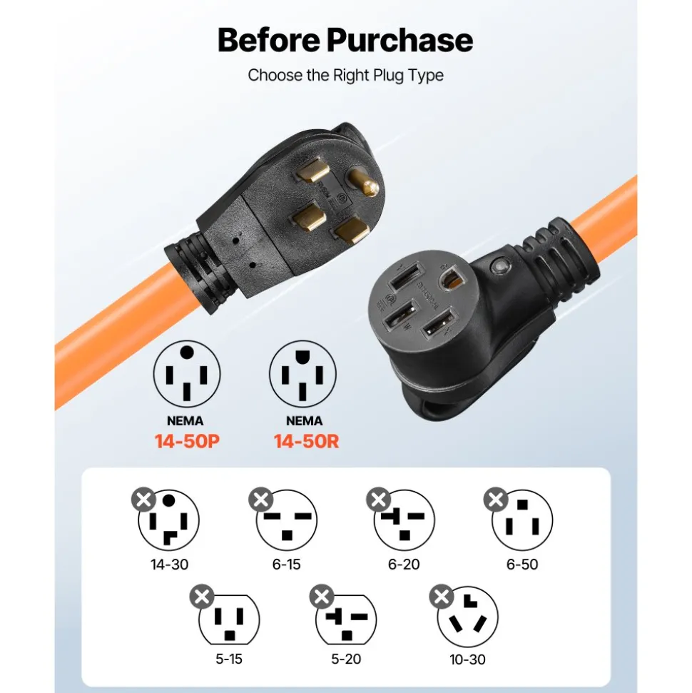 VEVOR 50 Amp 75 Feet RV Extension Cord, 125V/250V 7500W, Heavy Duty 6/3 + 8/1 Gauge STW RV Power Cord, NEMA 14-50P to NEMA 14-50R, with Power Indicator, Cord Organizer, 15A Adapter, for Camper Trailer