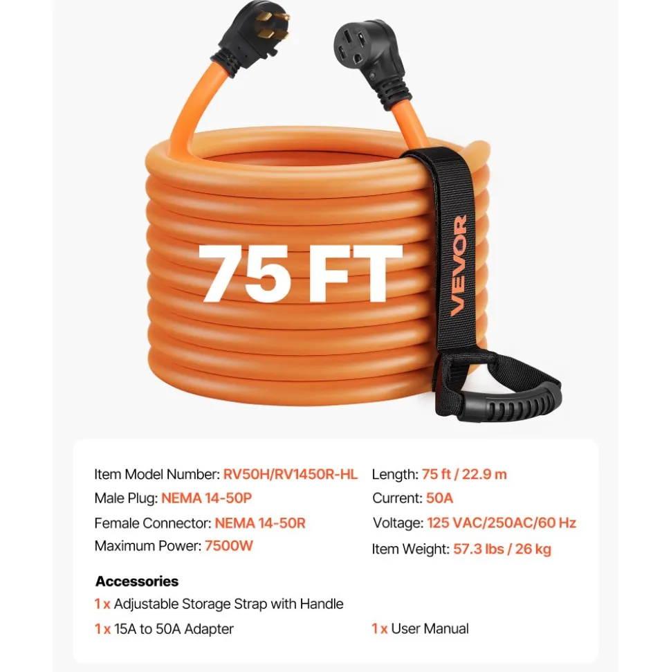 VEVOR 50 Amp 75 Feet RV Extension Cord, 125V/250V 7500W, Heavy Duty 6/3 + 8/1 Gauge STW RV Power Cord, NEMA 14-50P to NEMA 14-50R, with Power Indicator, Cord Organizer, 15A Adapter, for Camper Trailer