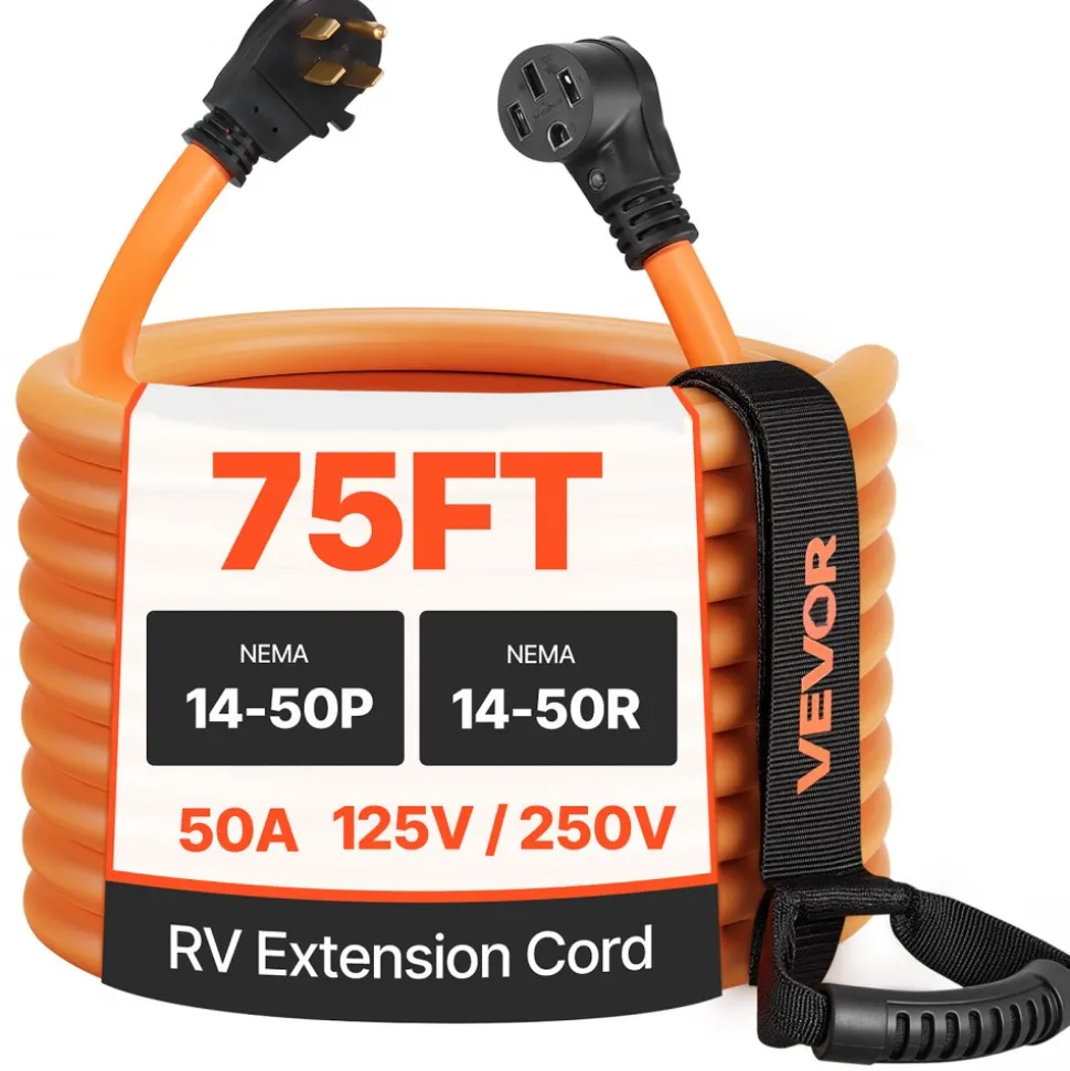 VEVOR 50 Amp 75 Feet RV Extension Cord, 125V/250V 7500W, Heavy Duty 6/3 + 8/1 Gauge STW RV Power Cord, NEMA 14-50P to NEMA 14-50R, with Power Indicator, Cord Organizer, 15A Adapter, for Camper Trailer