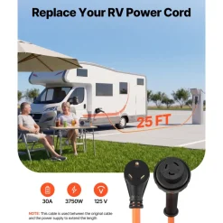 VEVOR 30 Amp 25 Feet RV Power Cord, 125V 3750W, Heavy Duty 10/3 Gauge STW Generator Cord, NEMA TT-30P to NEMA L5-30R, with Twist Lock, Indicator Light, Grip Handle, 15A Adapter, for RV Trailer, Orange