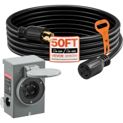 VEVOR 30 Amp Generator Cord and Power Inlet Box, 100 FT, 125/250V NEMA L14-30P to L14-30R Heavy Duty Extension Power Cord, SJTW 10AWG 7500W, Pre-Drilled Inlet Box, for Generator to House, ETL Listed