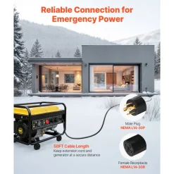 VEVOR 30 Amp Generator Cord and Power Inlet Box, 100 FT, 125/250V NEMA L14-30P to L14-30R Heavy Duty Extension Power Cord, SJTW 10AWG 7500W, Pre-Drilled Inlet Box, for Generator to House, ETL Listed