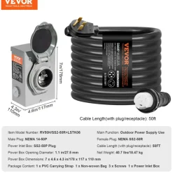 VEVOR 50 Amp Generator Cord and Power Inlet Box Kit, 50FT, NEMA 14-50P/SS2-50R STW 6/3+8/1 AWG Generator Power Cord with Twist Lock Connector, Pre-Drilled Inlet Box for Generator to House, ETL Listed