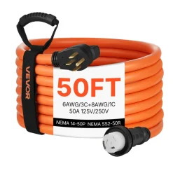 VEVOR 50 Amp Generator Cord, 50 Feet, 125/250V RV Power Cord NEMA 14-50P to SS2-50R with Twist Lock, Grip Handle, Heavy Duty 6AWG/3 + 8AWG/1 Generator Cable, for RV Camper Generator to House, Orange