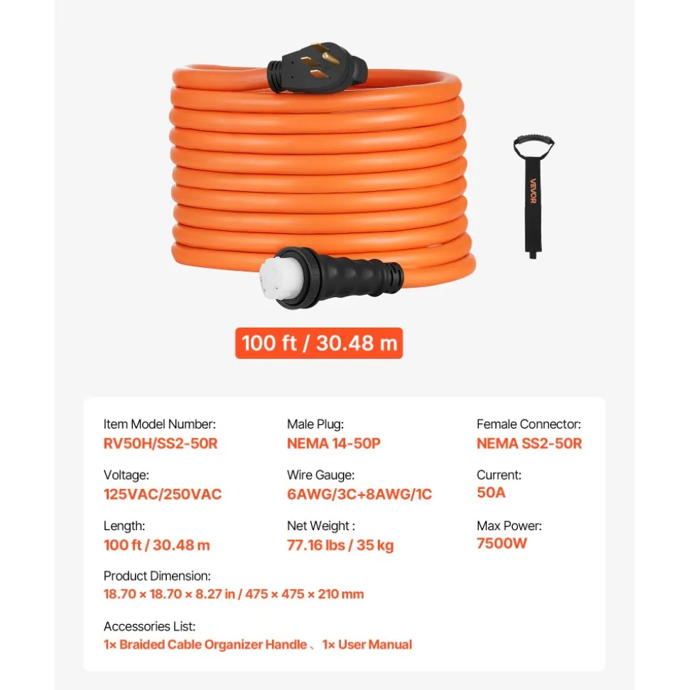VEVOR 50 Amp Generator Cord, 100 Feet, 125/250V RV Power Cord NEMA 14-50P to SS2-50R with Twist Lock, Grip Handle, Heavy Duty 6AWG/3 + 8AWG/1 Generator Cable, for RV Camper Generator to House, Orange