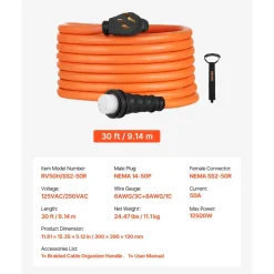 VEVOR 50 Amp Generator Cord, 30 Feet, 125/250V RV Power Cord NEMA 14-50P to SS2-50R with Twist Lock, Grip Handle, Heavy Duty 6AWG/3 + 8AWG/1 Generator Cable, for RV Camper Generator to House, Orange