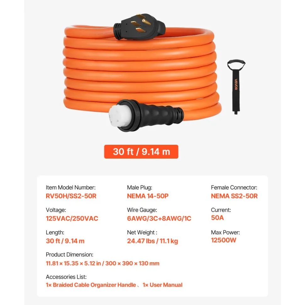VEVOR 50 Amp Generator Cord, 30 Feet, 125/250V RV Power Cord NEMA 14-50P to SS2-50R with Twist Lock, Grip Handle, Heavy Duty 6AWG/3 + 8AWG/1 Generator Cable, for RV Camper Generator to House, Orange