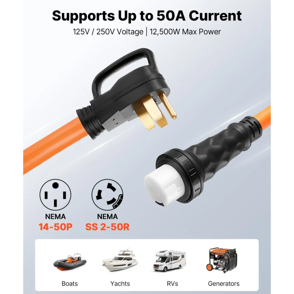 VEVOR 50 Amp Generator Cord, 30 Feet, 125/250V RV Power Cord NEMA 14-50P to SS2-50R with Twist Lock, Grip Handle, Heavy Duty 6AWG/3 + 8AWG/1 Generator Cable, for RV Camper Generator to House, Orange