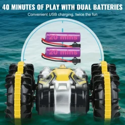 VEVOR Amphibious Remote Control Car Boat, 2.4GHz 12 km/h, 4WD Waterproof RC Car for Kids, 360° Rotating Stunt Car with 2 Batteries, All Terrain Water Beach Pool Toy for 6+ Year Old Boys Girls, Yellow