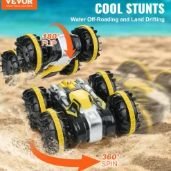 VEVOR Amphibious Remote Control Car Boat, 2.4GHz 12 km/h, 4WD Waterproof RC Car for Kids, 360° Rotating Stunt Car with 2 Batteries, All Terrain Water Beach Pool Toy for 6+ Year Old Boys Girls, Yellow