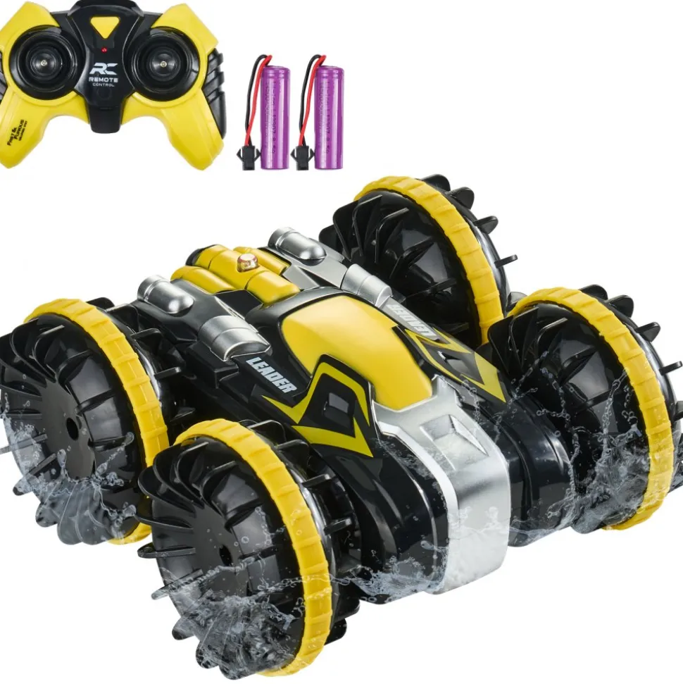 VEVOR Amphibious Remote Control Car Boat, 2.4GHz 12 km/h, 4WD Waterproof RC Car for Kids, 360° Rotating Stunt Car with 2 Batteries, All Terrain Water Beach Pool Toy for 6+ Year Old Boys Girls, Yellow