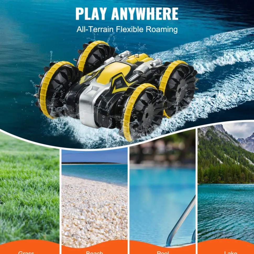 VEVOR Amphibious Remote Control Car Boat, 2.4GHz 12 km/h, 4WD Waterproof RC Car for Kids, 360° Rotating Stunt Car with 2 Batteries, All Terrain Water Beach Pool Toy for 6+ Year Old Boys Girls, Yellow