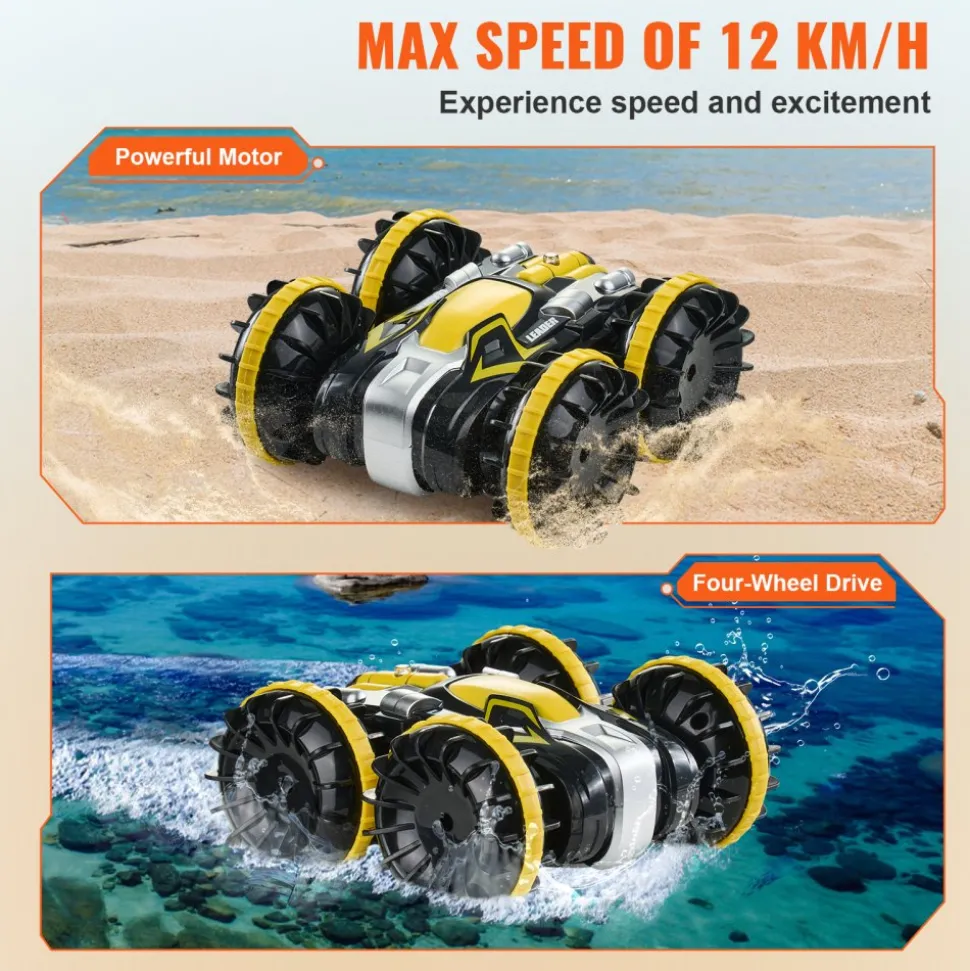 VEVOR Amphibious Remote Control Car Boat, 2.4GHz 12 km/h, 4WD Waterproof RC Car for Kids, 360° Rotating Stunt Car with 2 Batteries, All Terrain Water Beach Pool Toy for 6+ Year Old Boys Girls, Yellow