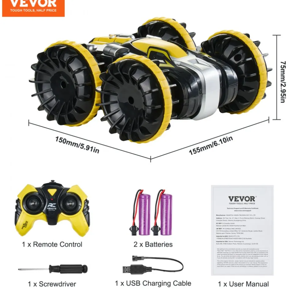 VEVOR Amphibious Remote Control Car Boat, 2.4GHz 12 km/h, 4WD Waterproof RC Car for Kids, 360° Rotating Stunt Car with 2 Batteries, All Terrain Water Beach Pool Toy for 6+ Year Old Boys Girls, Yellow