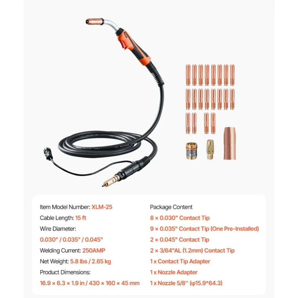 VEVOR 250Amp Mig Welding Gun with 15FT Cable, Compatible with Millermatic 200, 210, 212, 250, 250X, 251, 252 Welders, Suitable for 0.030", 0.035" and 0.045" Welding Wires