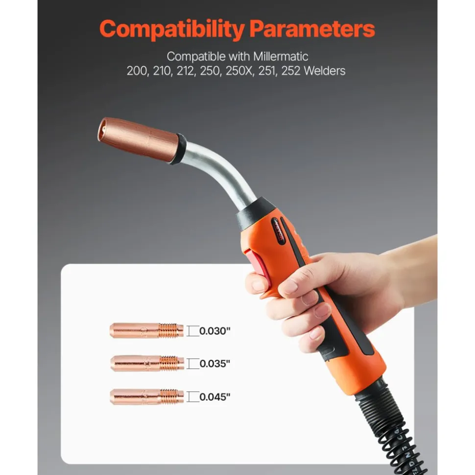 VEVOR 250Amp Mig Welding Gun with 15FT Cable, Compatible with Millermatic 200, 210, 212, 250, 250X, 251, 252 Welders, Suitable for 0.030", 0.035" and 0.045" Welding Wires