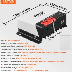 VEVOR 50A MPPT Solar Charge Controller, 12V / 24V Auto DC Input, Solar Panel Regulator Charger with Bluetooth Module, 98% Charging Efficiency for Sealed(AGM), Gel, Flooded and Lithium Battery Charging