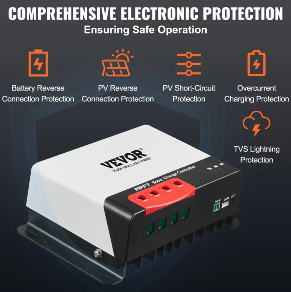 VEVOR 50A MPPT Solar Charge Controller, 12V / 24V Auto DC Input, Solar Panel Regulator Charger with Bluetooth Module, 98% Charging Efficiency for Sealed(AGM), Gel, Flooded and Lithium Battery Charging
