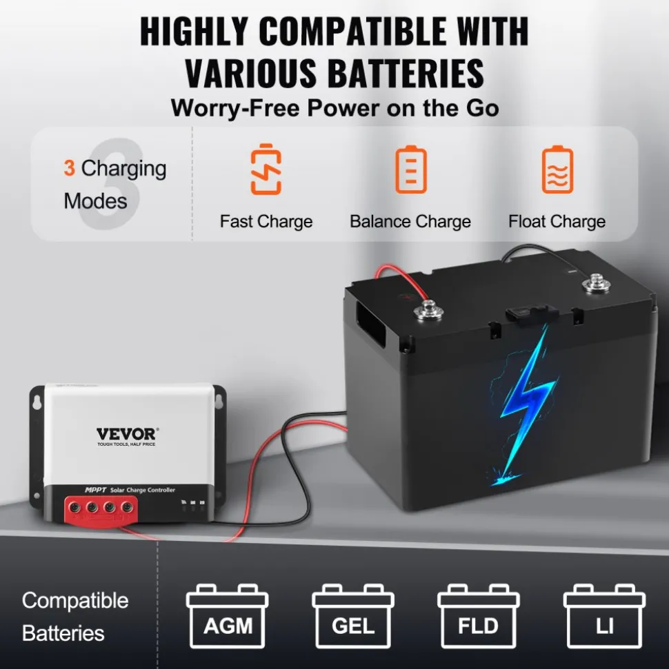 VEVOR 50A MPPT Solar Charge Controller, 12V / 24V Auto DC Input, Solar Panel Regulator Charger with Bluetooth Module, 98% Charging Efficiency for Sealed(AGM), Gel, Flooded and Lithium Battery Charging