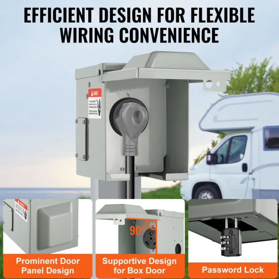 VEVOR 30 Amp RV Power Outlet Box, 125 Volt, Enclosed Lockable Outdoor RV Receptacle Box, NEMA TT-30R Weatherproof Electrical Panel, for RV Camper Trailer Motorhome, Tested to Standards