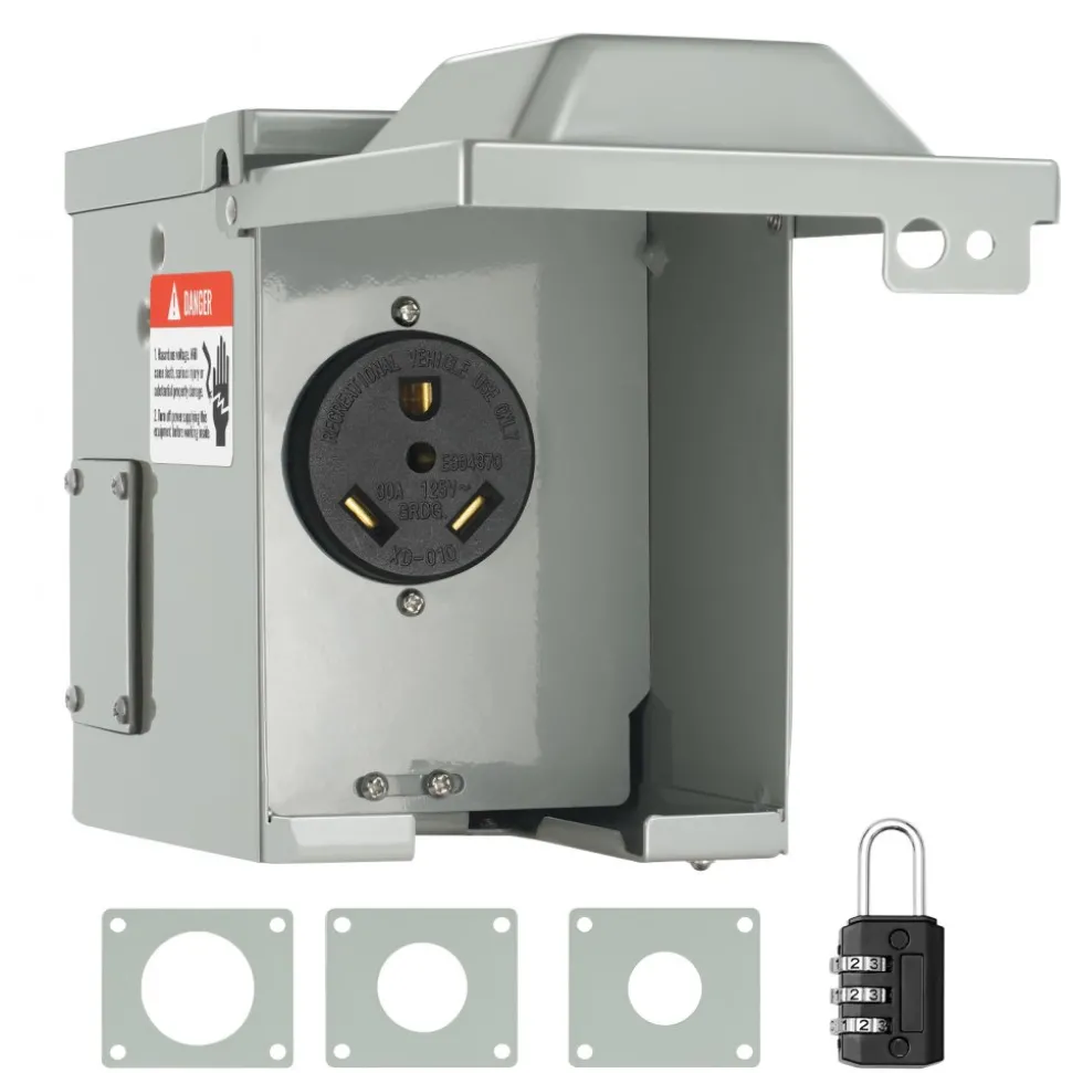 VEVOR 30 Amp RV Power Outlet Box, 125 Volt, Enclosed Lockable Outdoor RV Receptacle Box, NEMA TT-30R Weatherproof Electrical Panel, for RV Camper Trailer Motorhome, Tested to Standards