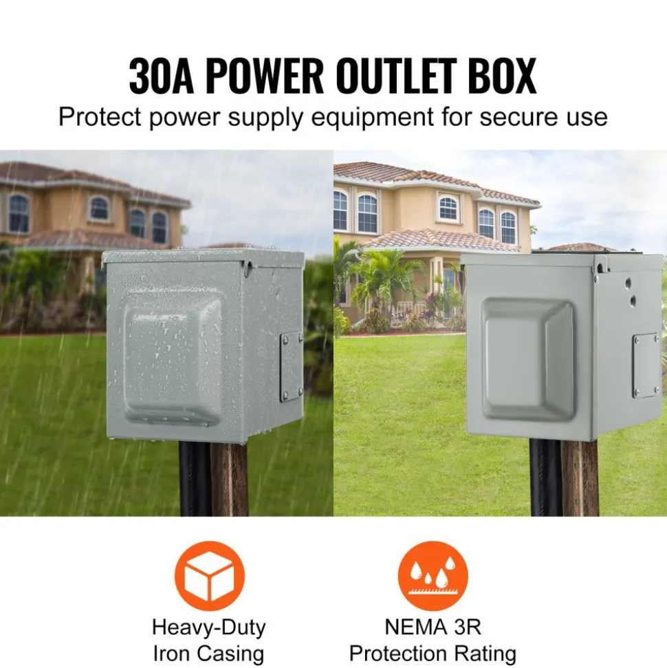 VEVOR 30 Amp RV Power Outlet Box, 125 Volt, Enclosed Lockable Outdoor RV Receptacle Box, NEMA TT-30R Weatherproof Electrical Panel, for RV Camper Trailer Motorhome, Tested to Standards