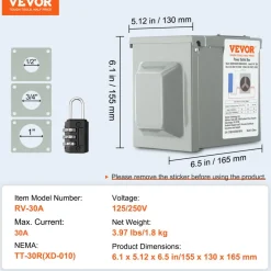 VEVOR 30 Amp RV Power Outlet Box, 125 Volt, Enclosed Lockable Outdoor RV Receptacle Box, NEMA TT-30R Weatherproof Electrical Panel, for RV Camper Trailer Motorhome, Tested to Standards