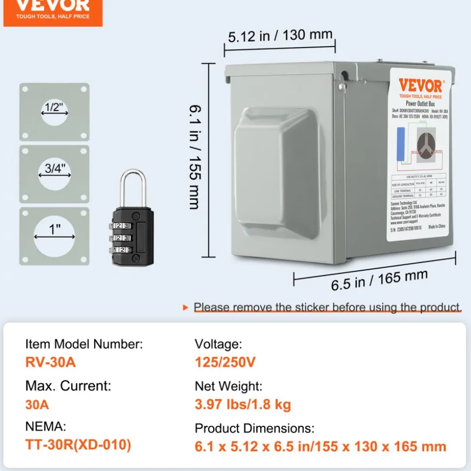 VEVOR 30 Amp RV Power Outlet Box, 125 Volt, Enclosed Lockable Outdoor RV Receptacle Box, NEMA TT-30R Weatherproof Electrical Panel, for RV Camper Trailer Motorhome, Tested to Standards