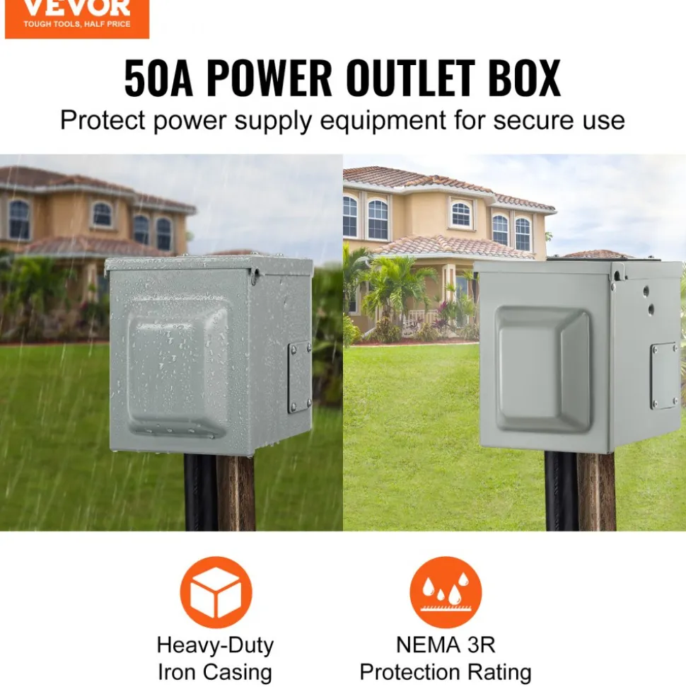 VEVOR 50 Amp RV Power Outlet Box, 125/250 Volt, Enclosed Lockable Outdoor RV Receptacle Box, NEMA 14-50R Weatherproof Electrical Panel, for RV Camper Trailer Motorhome